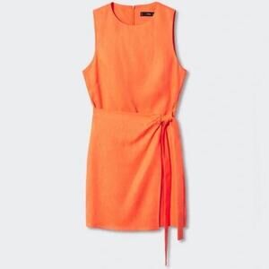 MNG Mango | 100% Linen Sarong Mini Dress Sleeveless Side Bow Orange Size 2